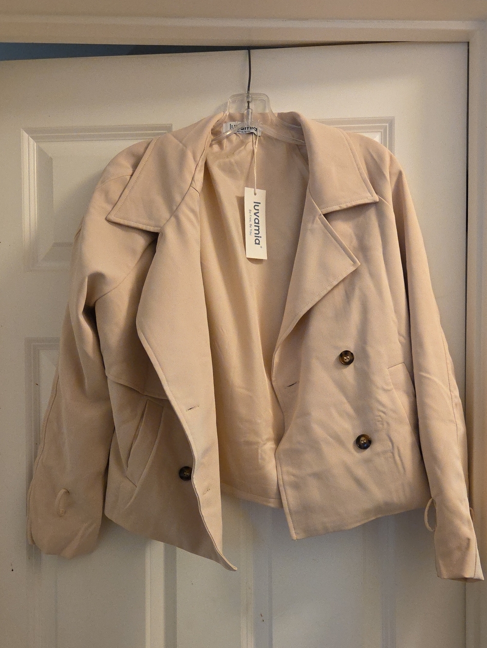 Ivymia Women's Cream Short Double-Breasted Trench Coat